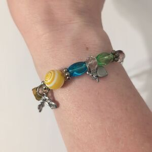 555 Multicolor Glass Beaded Silver Hearts Cross Butterfly Flower Charms Bracelet